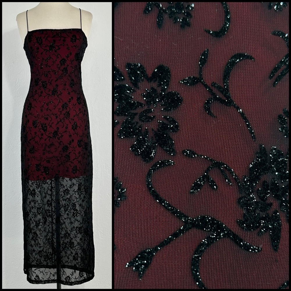 Y2K Vampire Goth Prom Dress Small Flocked Floral Shimmer Mesh Overlay Burgundy